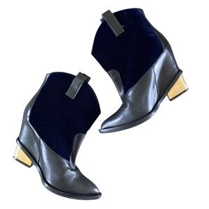Giuseppe Zanotti Western Black Leather x Gold Blue Velour Leather Ankle Boots